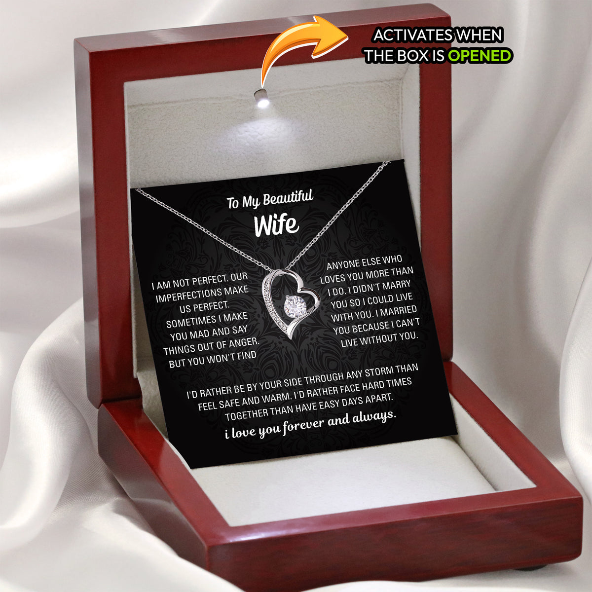 Wife necklace gift box glowing open with personalized card
