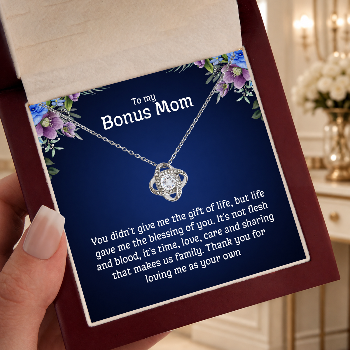 To My Bonus Mom Love Knot Necklace with Message Card