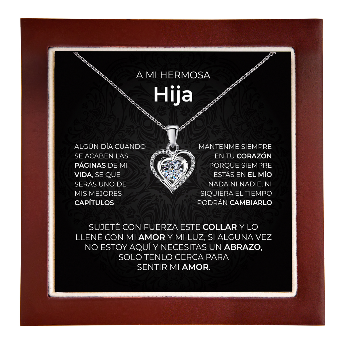 Hija gift: Lumen Heart Necklace — Blanca · Caja de madera LED (product view)