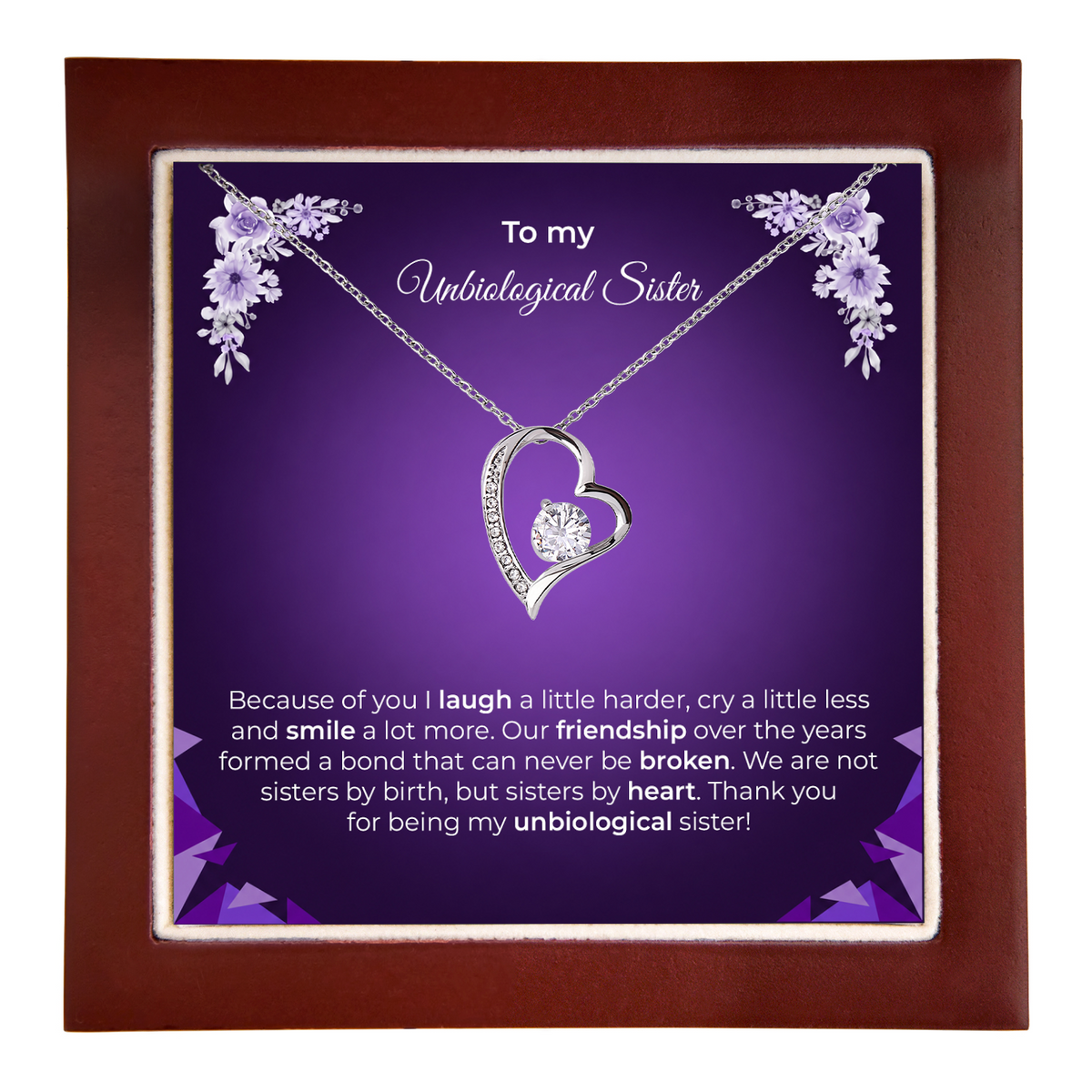 Unbiological Sister / Best Friend gift: Soul Spark Necklace — Silver · Luxury Wooden LED Box (product view)