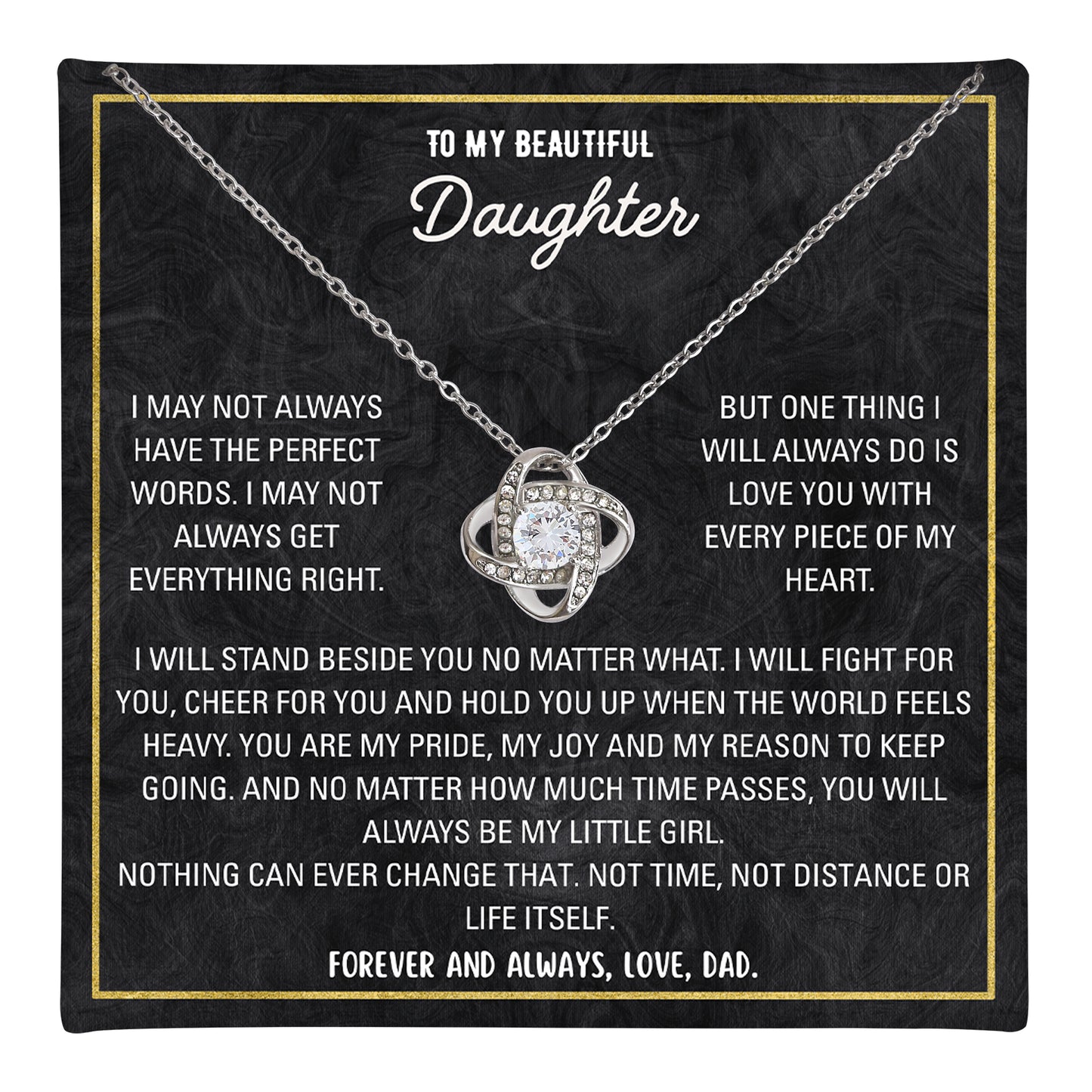 ilver love knot necklace with personalized to-my-daughter message card in gift box