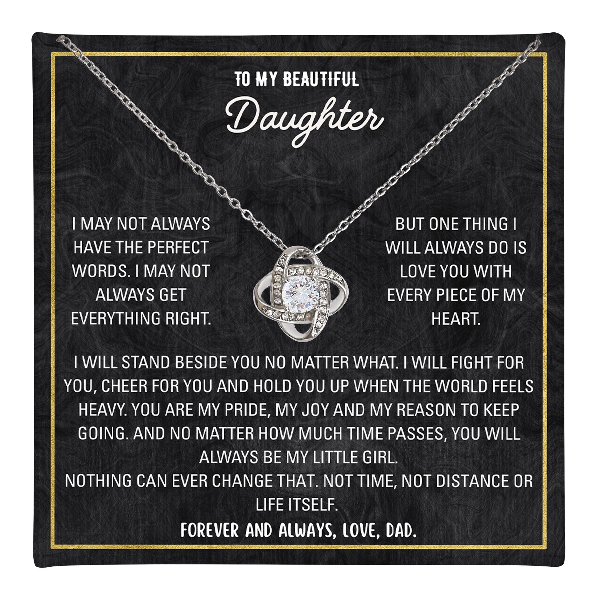 ilver love knot necklace with personalized to-my-daughter message card in gift box