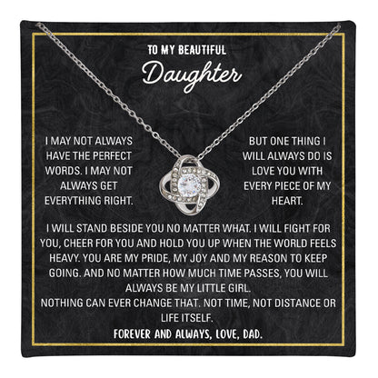 ilver love knot necklace with personalized to-my-daughter message card in gift box