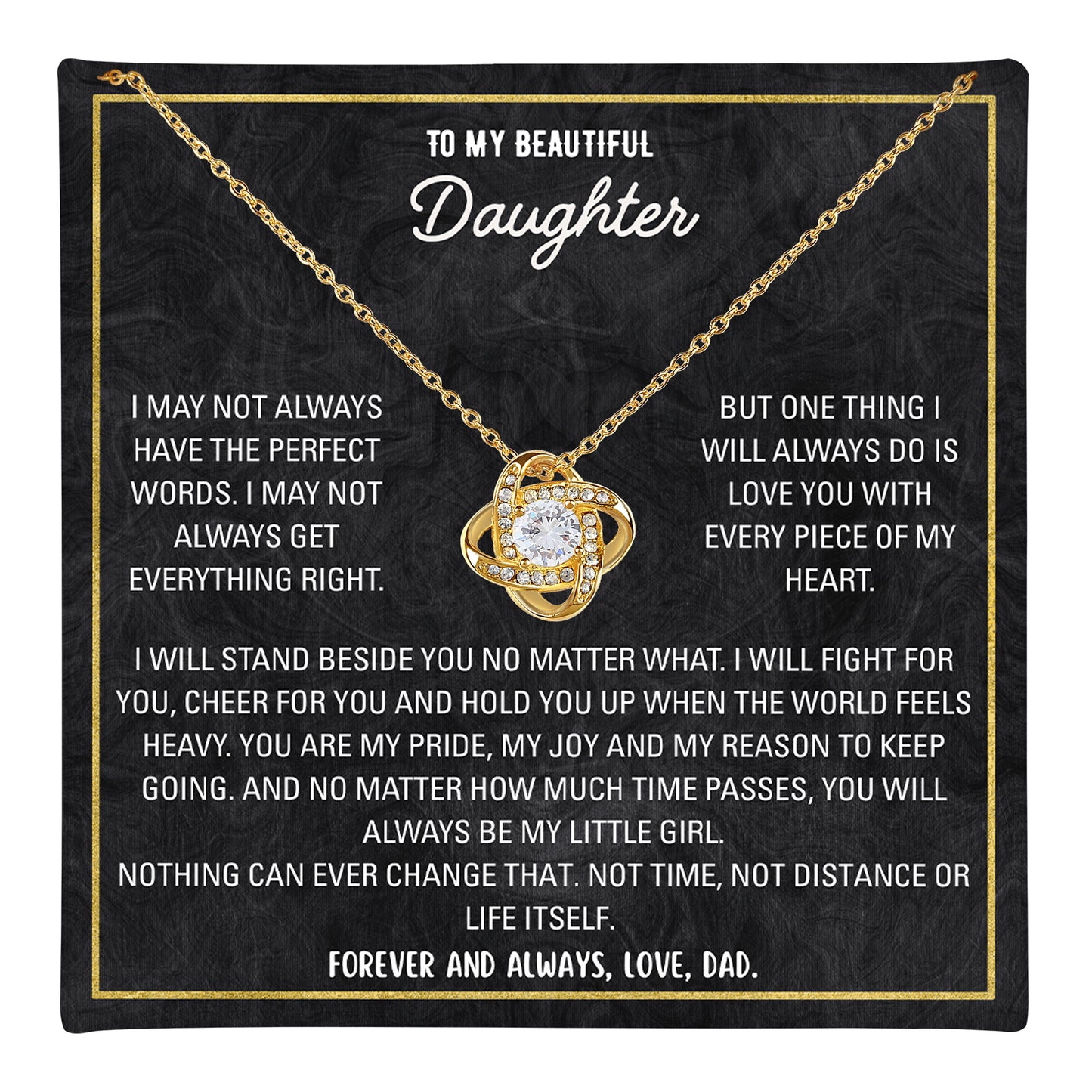 ilver love knot necklace with personalized to-my-daughter message card in gift box