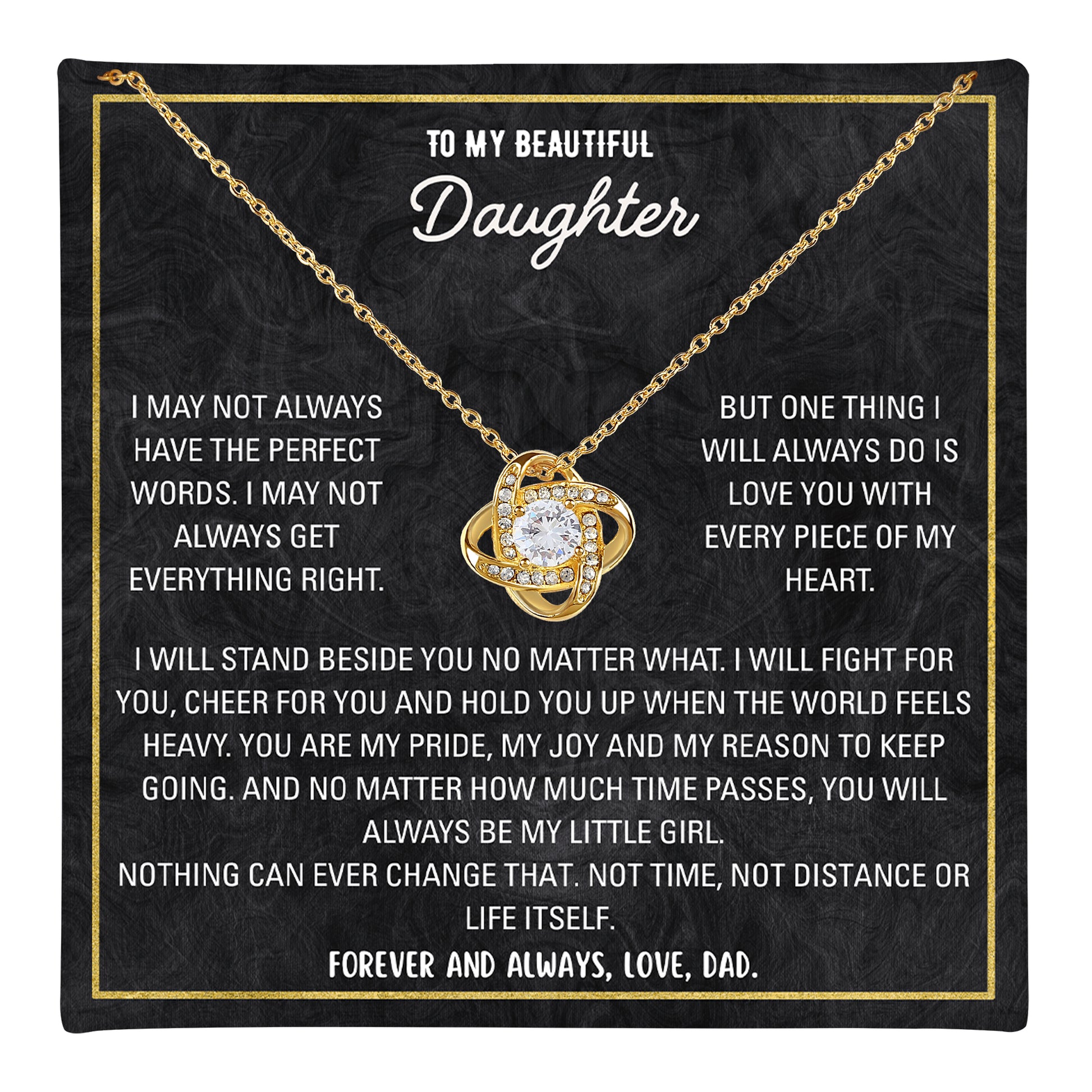 ilver love knot necklace with personalized to-my-daughter message card in gift box