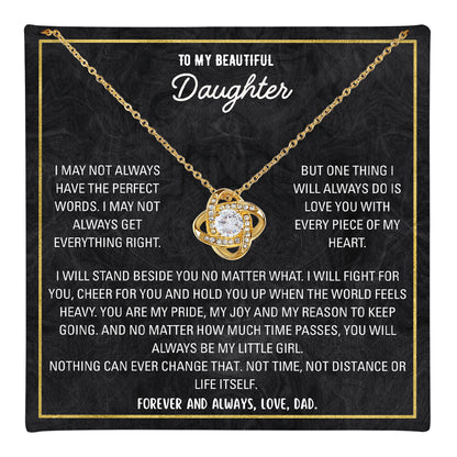 ilver love knot necklace with personalized to-my-daughter message card in gift box