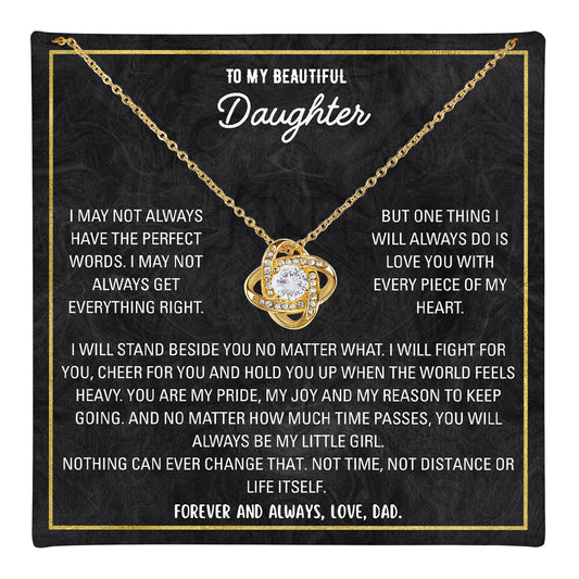 ilver love knot necklace with personalized to-my-daughter message card in gift box