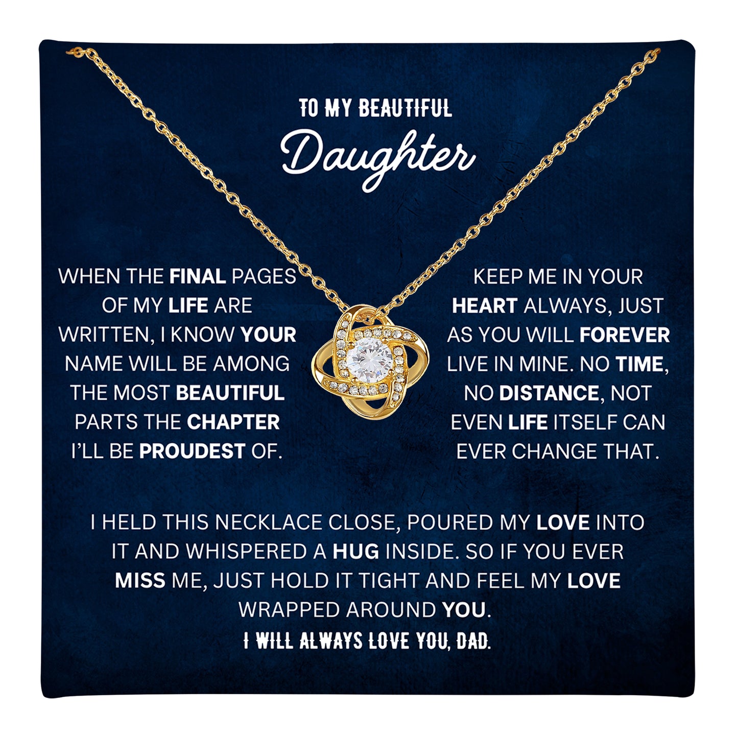 Love knot pendant necklace in silver and gold tone finishes