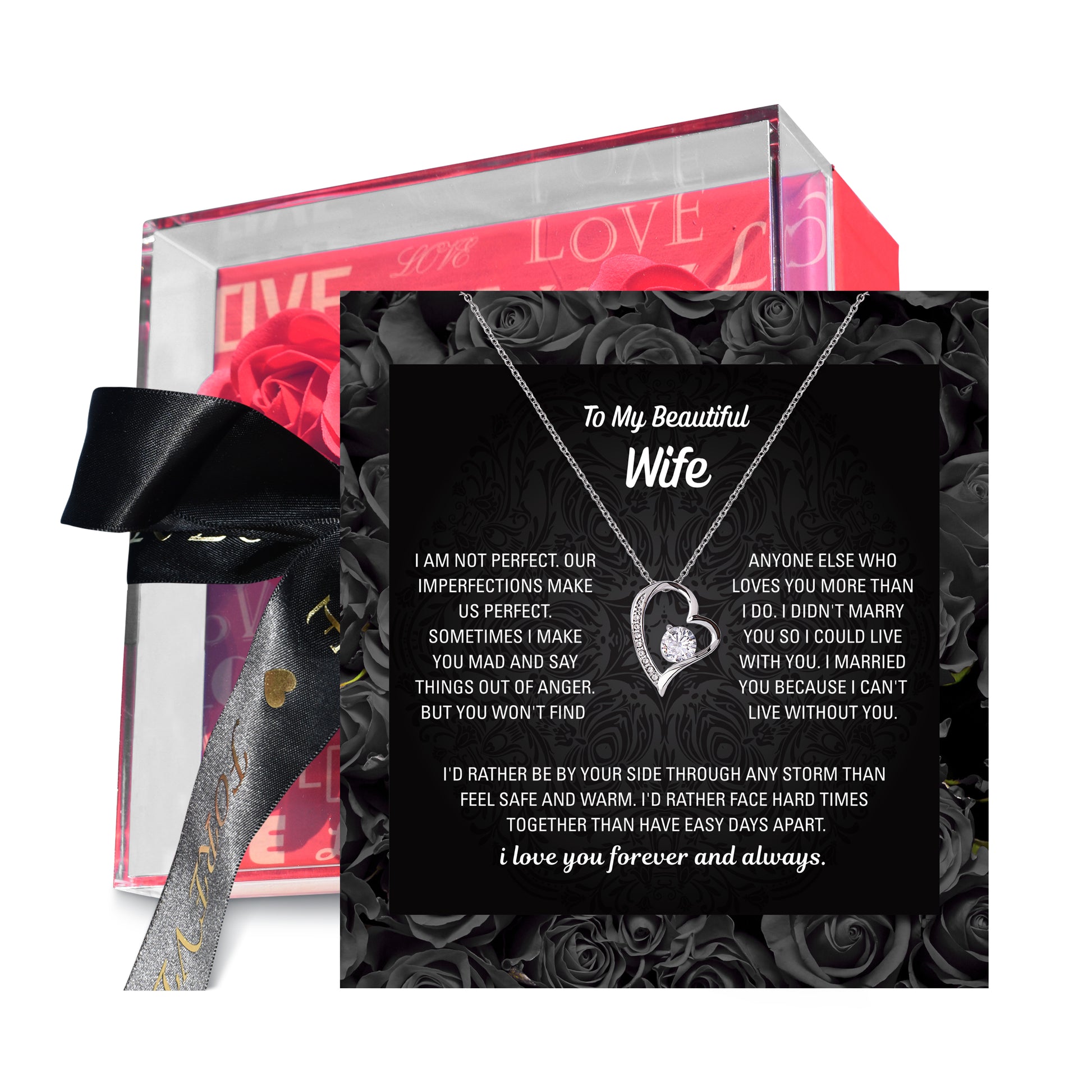 Wife necklace gift box open with heart pendant and card