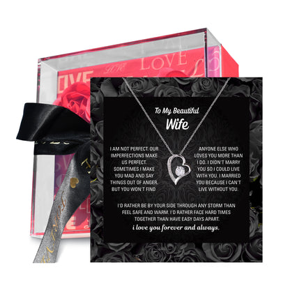 Wife necklace gift box open with heart pendant and card