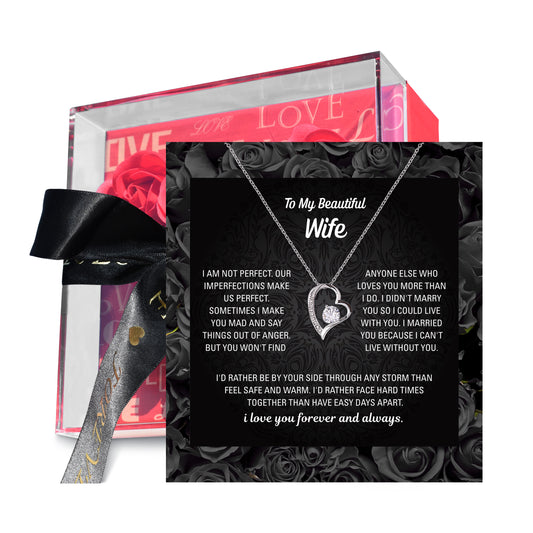 Wife necklace gift box open with heart pendant and card