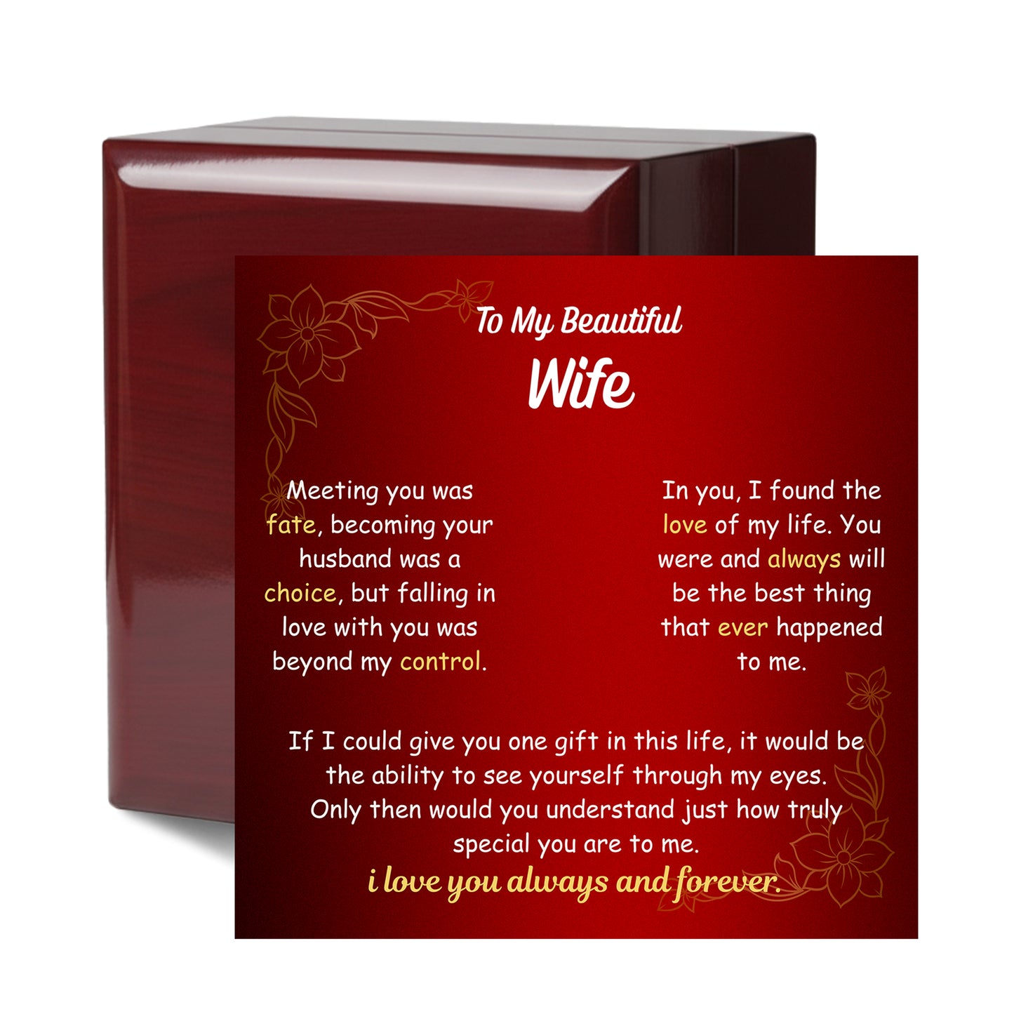 Heart necklace with cubic zirconia pendant beside a wife message card gift