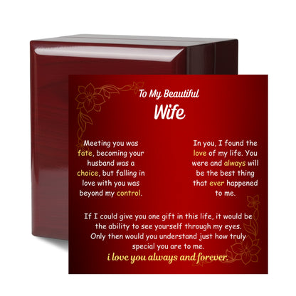 Heart necklace with cubic zirconia pendant beside a wife message card gift