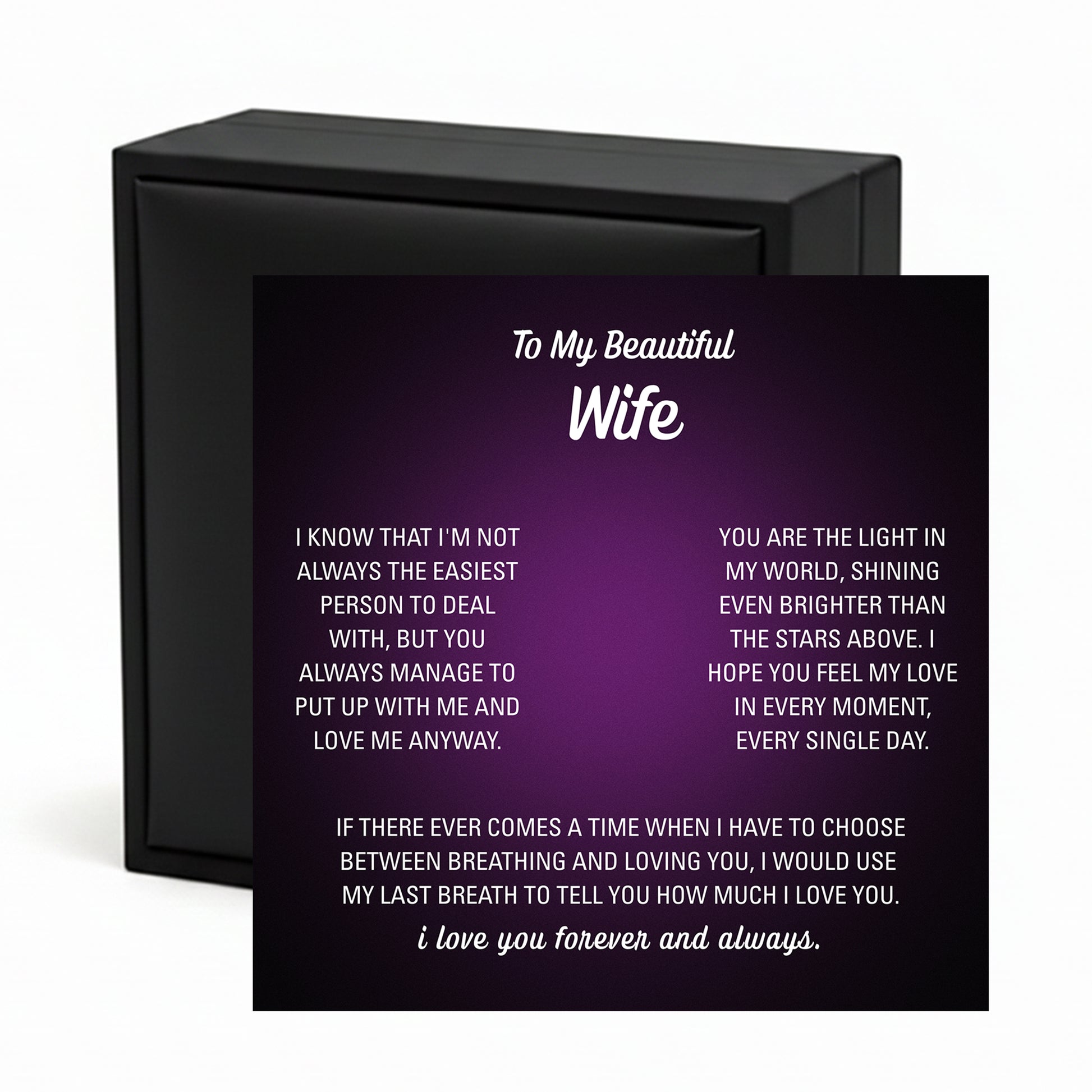 Silver heart necklace displayed on a purple To My Beautiful Wife message card inside a black gift box.