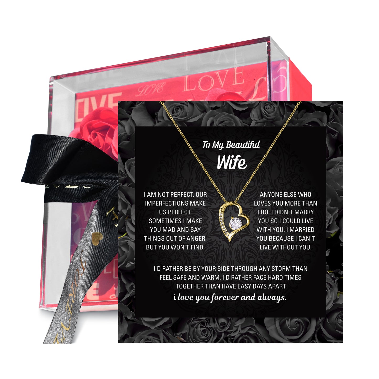 Wife necklace gift box open with heart pendant and card