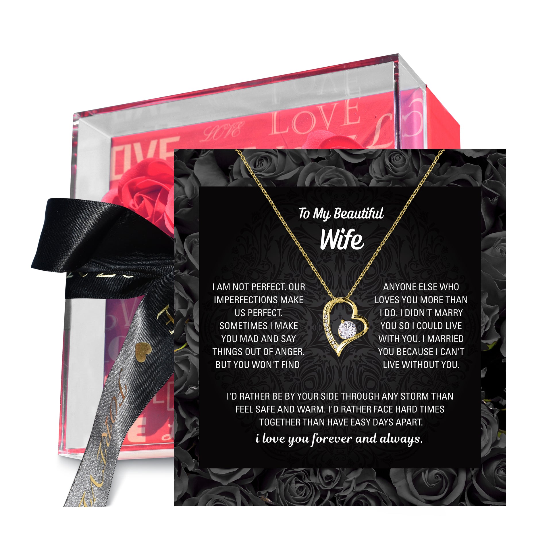 Wife necklace gift box open with heart pendant and card
