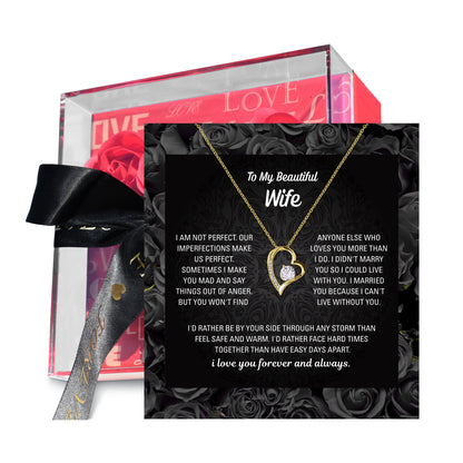 Wife necklace gift box open with heart pendant and card