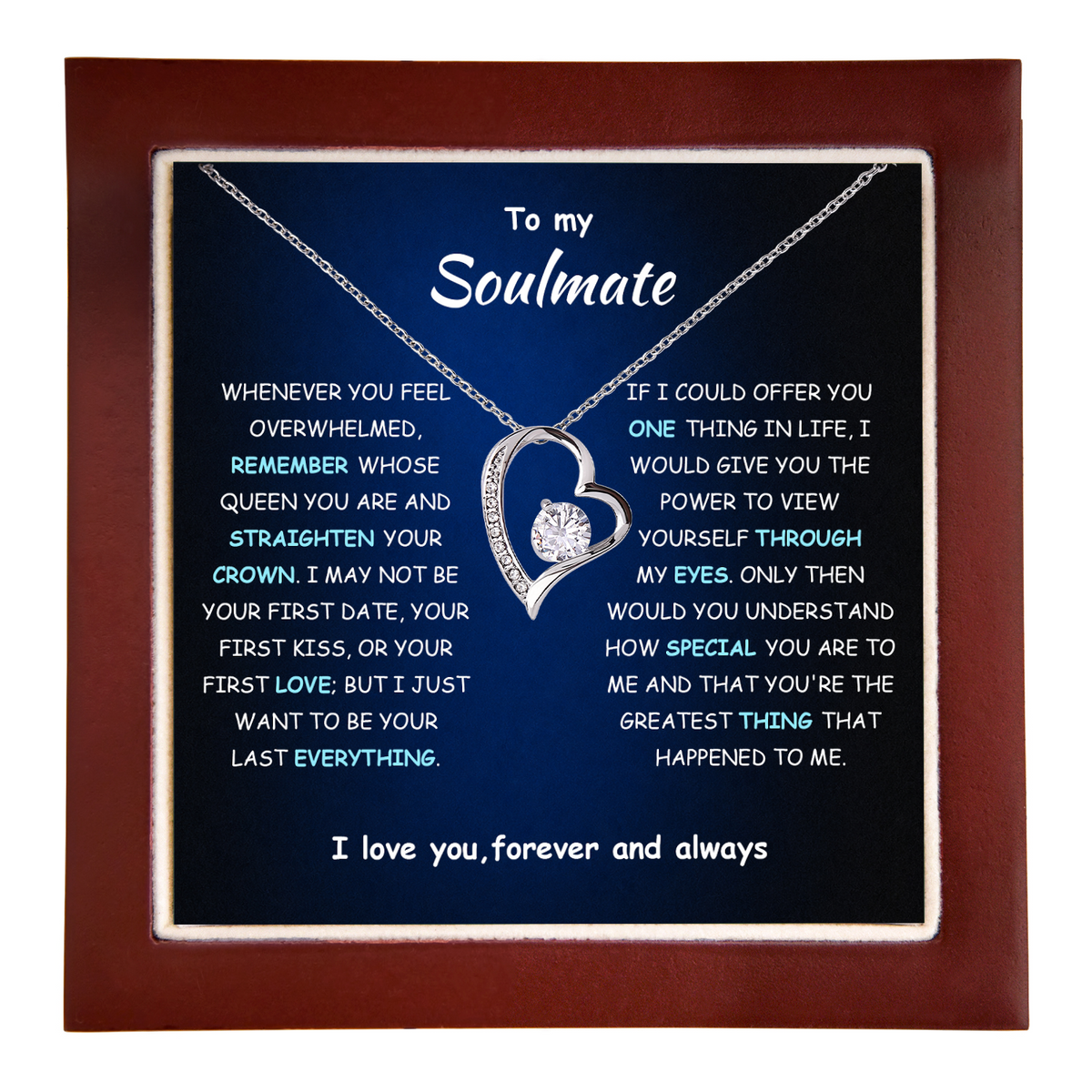 Soulmate gift: Soul Spark Necklace — Silver · Luxury Wooden LED Box (product view)