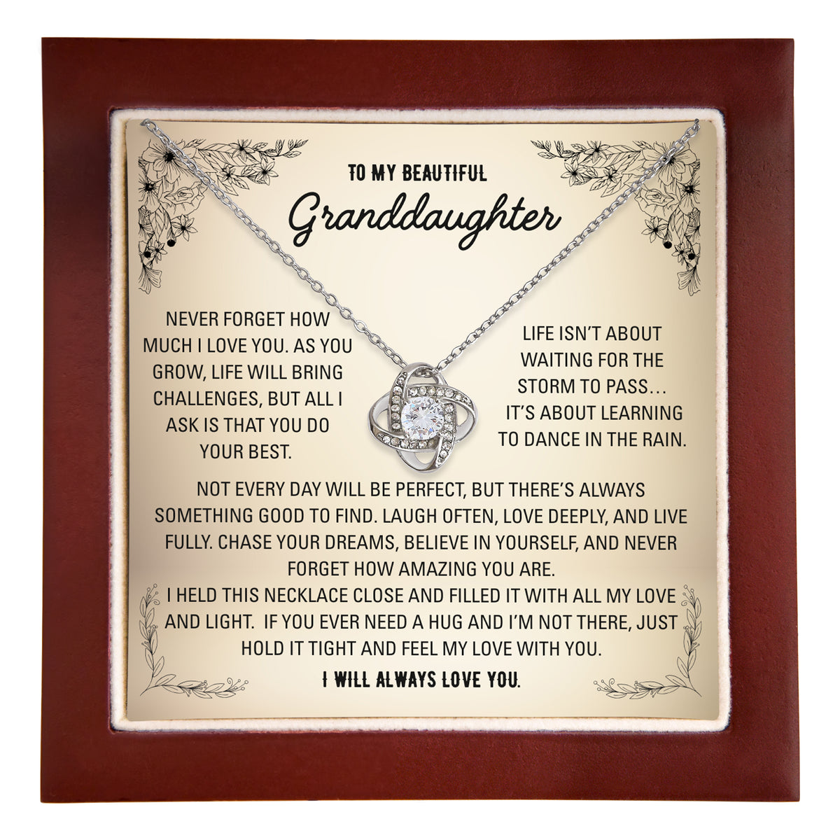 The Never Forget message card, To My Beautiful Granddaughter, ending with a personalized sign-off line

