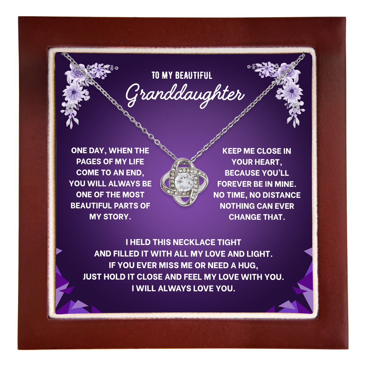 Open wooden gift box holding a To My Beautiful Granddaughter message card with a cubic zirconia pendant necklace
