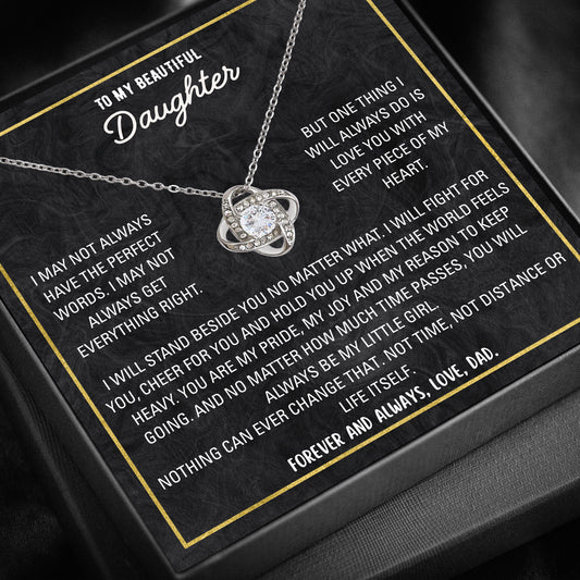 ilver love knot necklace with personalized to-my-daughter message card in gift box