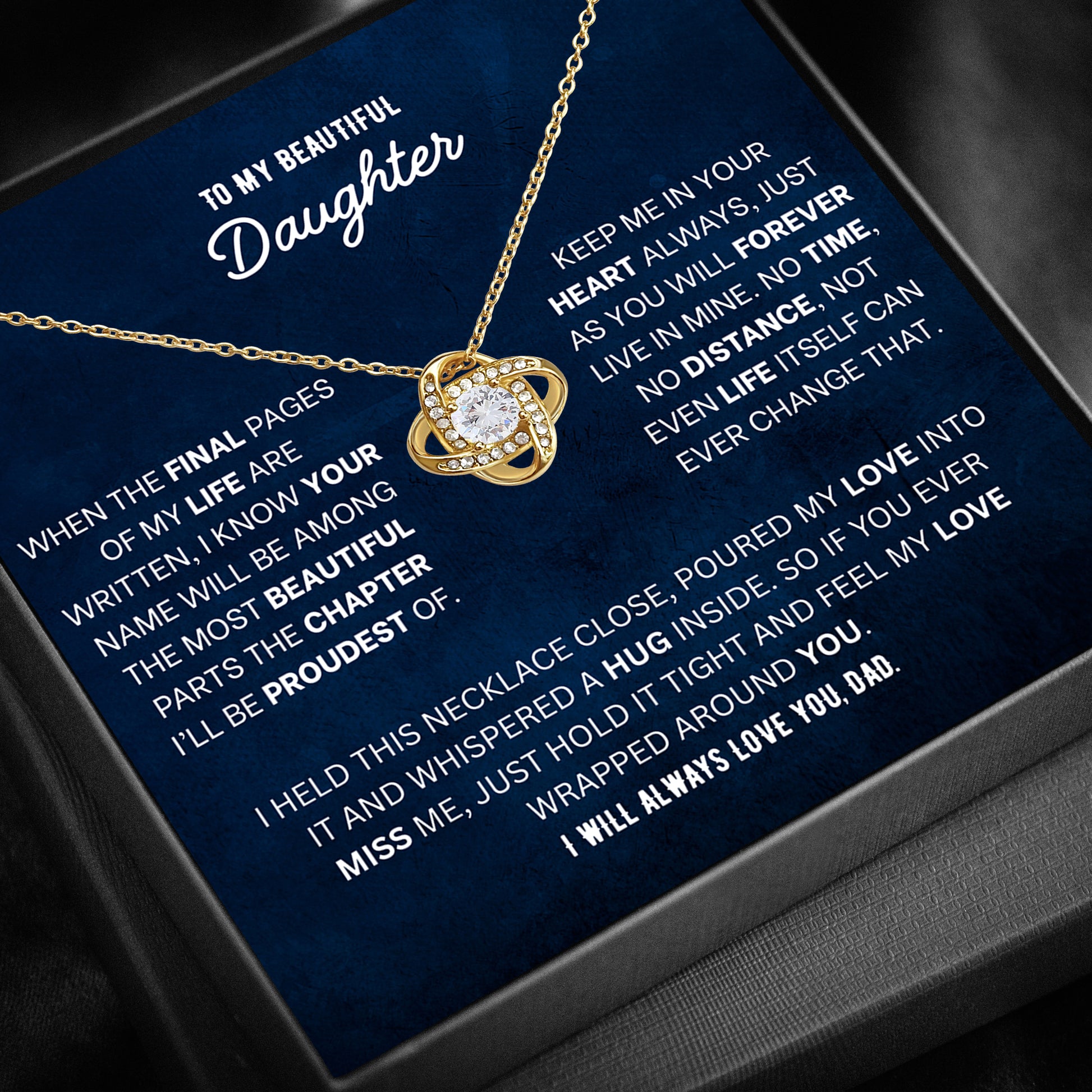 Artivia Love Knot necklace gift box with personalized daughter message card