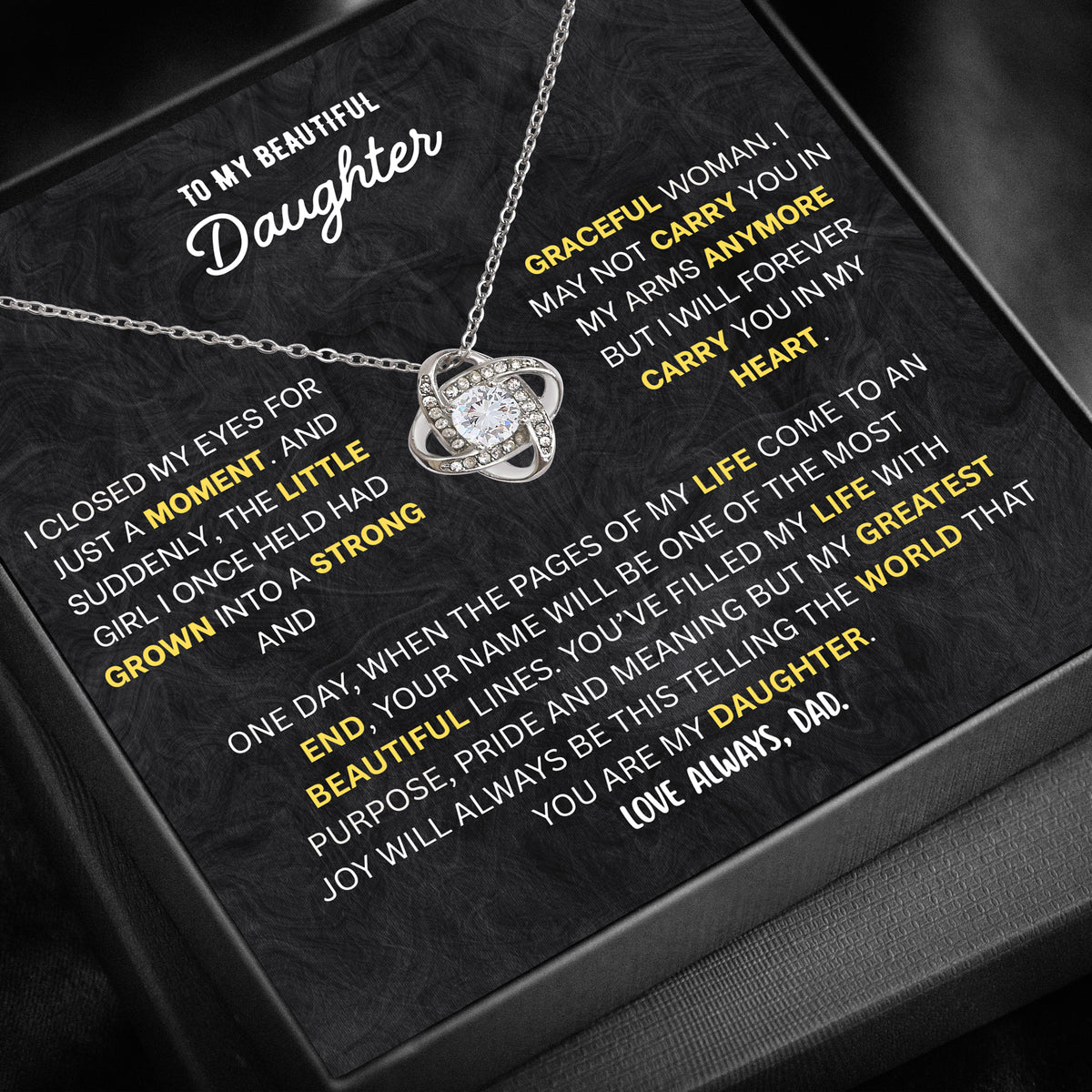Love Knot necklace specifications: chain length, cubic zirconia stone, pendant size