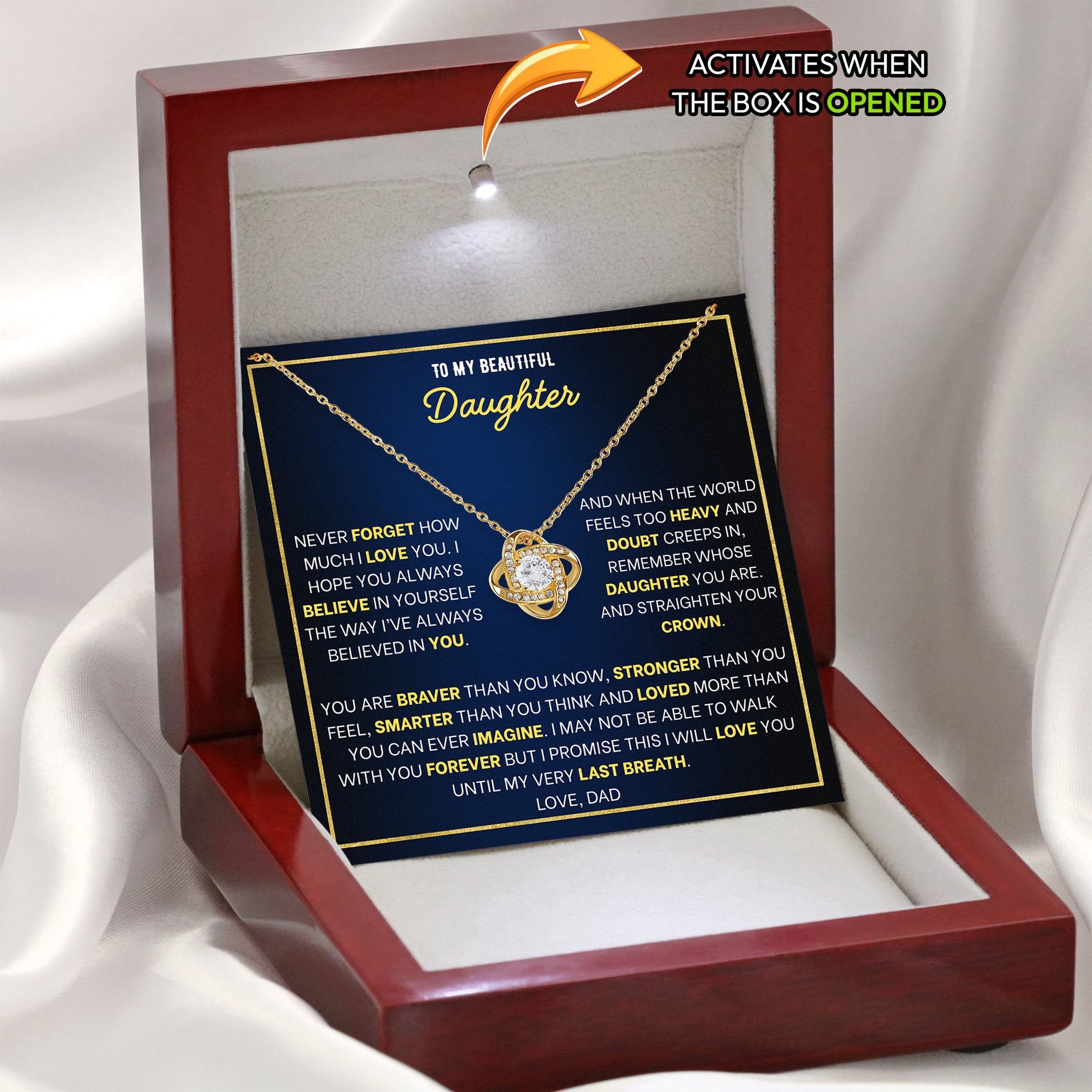 Necklace for daughter from Dad arriving in a ready-to-gift box with printed message card
