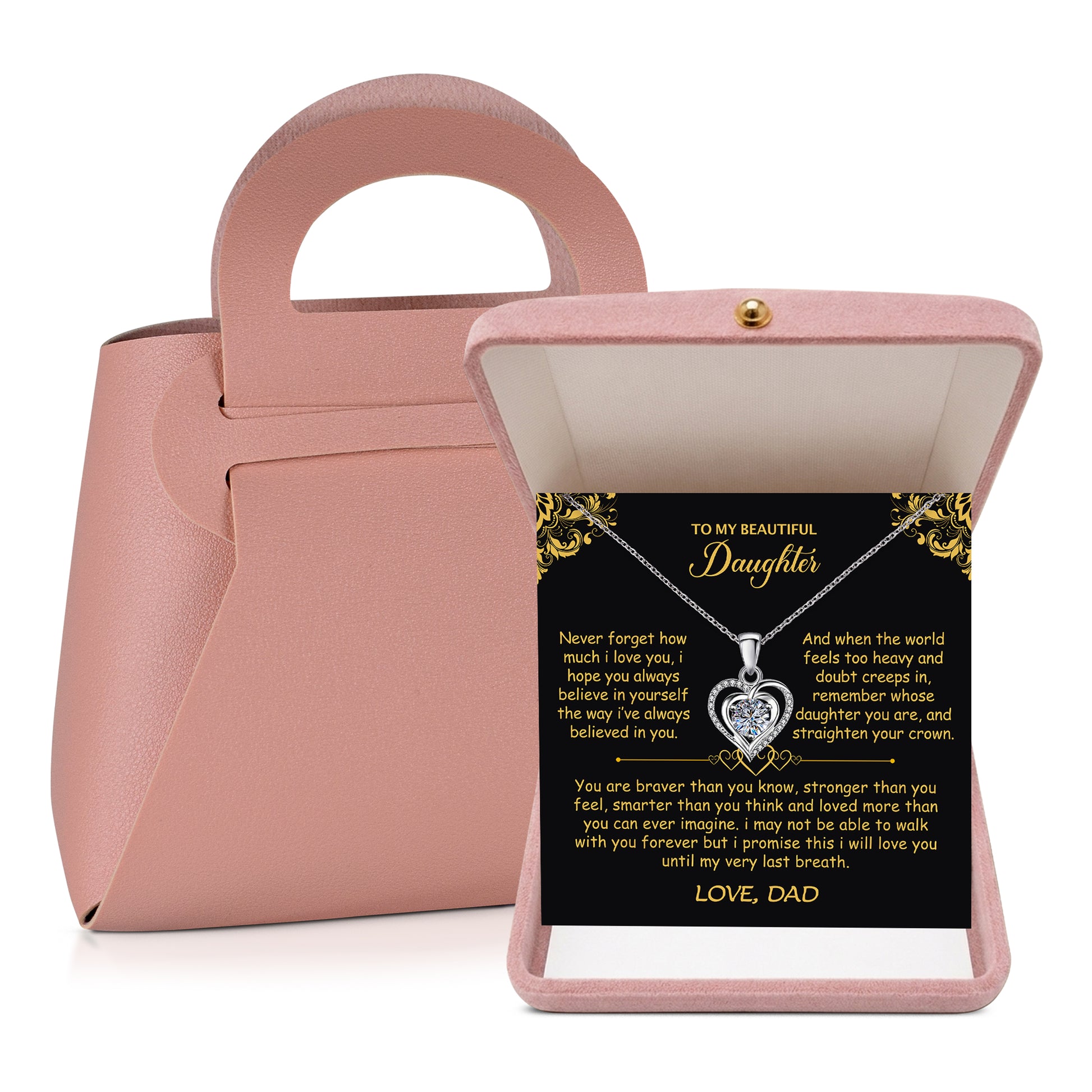 Silver heart pendant necklace for daughter in pink velvet gift box with personalized message card