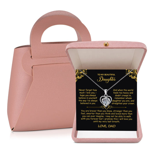 Silver heart pendant necklace for daughter in pink velvet gift box with personalized message card