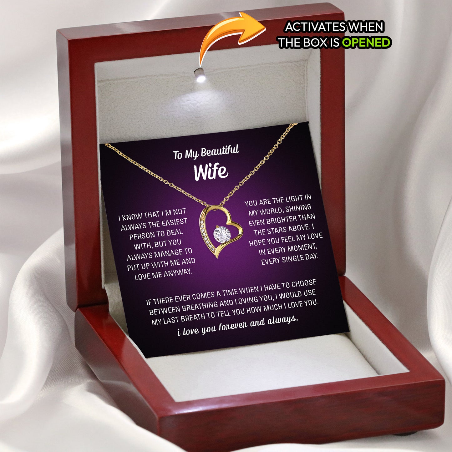 Gold-tone cubic zirconia heart necklace for wife, close-up detail