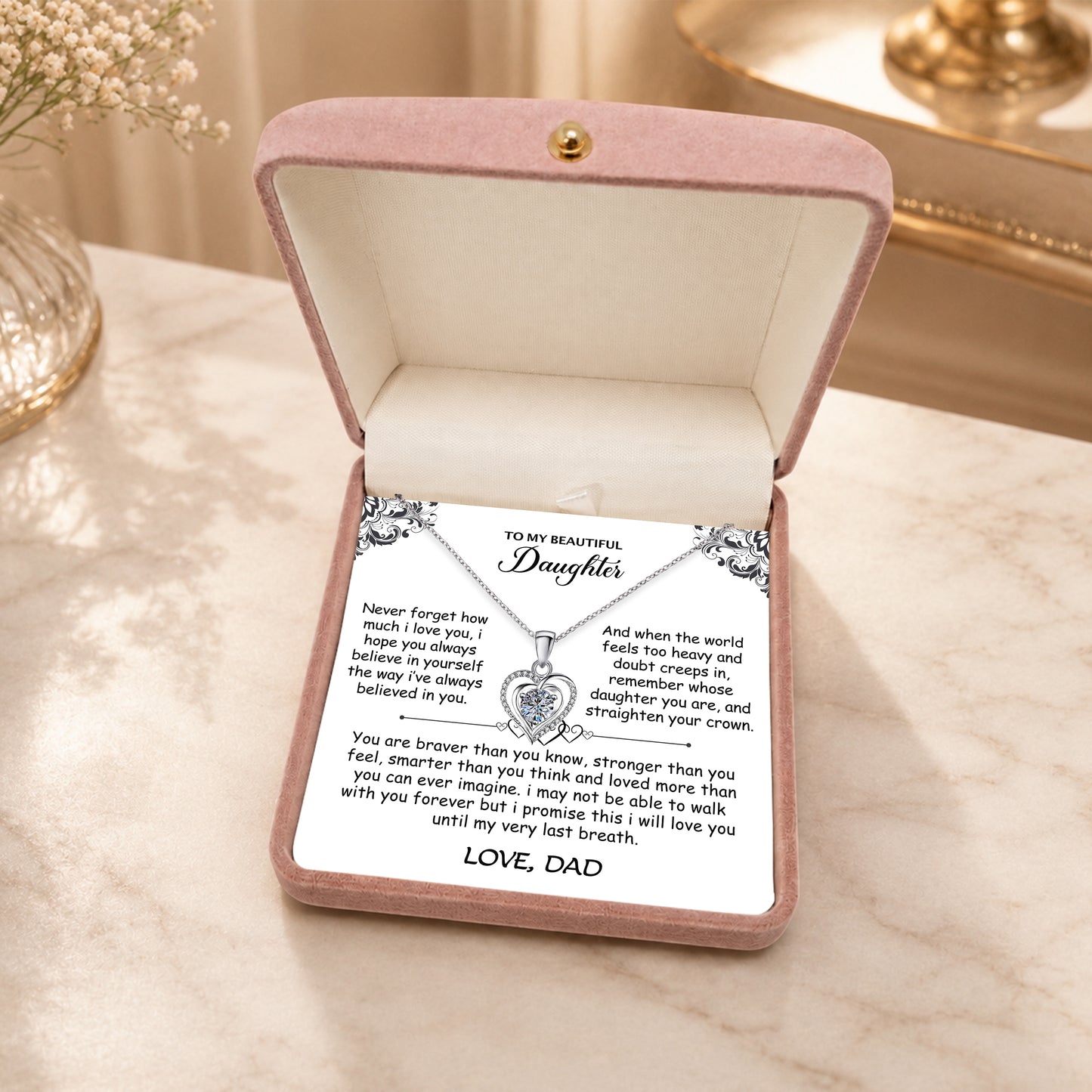 Silver heart pendant necklace with cubic zirconia for daughter