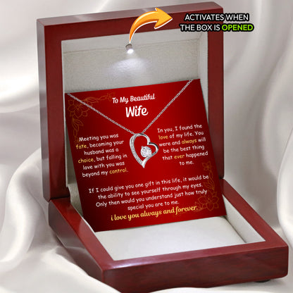 Close-up of personalized message card included with wife heart necklace