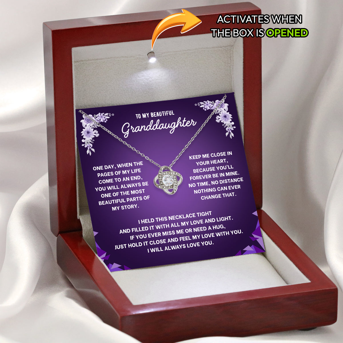 Open wooden gift box holding a To My Beautiful Granddaughter message card with a cubic zirconia pendant necklace

