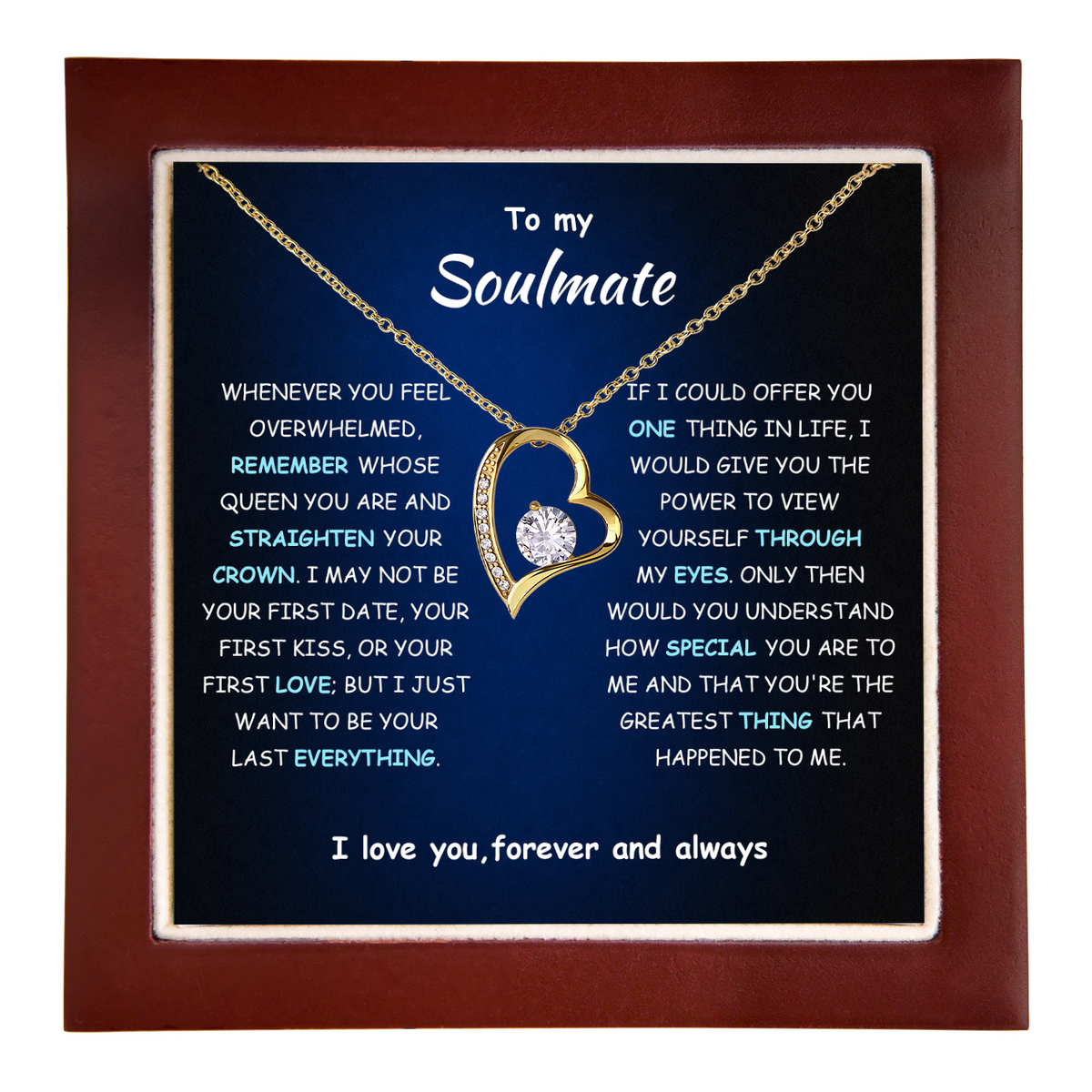 Soulmate gift: Soul Spark Necklace — Gold · Luxury Wooden LED Box (product view)