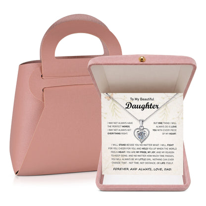 Heart pendant necklace for daughter in open pink gift box with message card