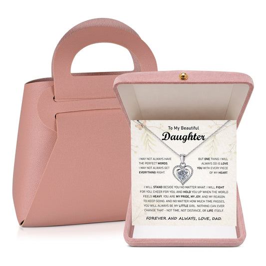 Heart pendant necklace for daughter in open pink gift box with message card
