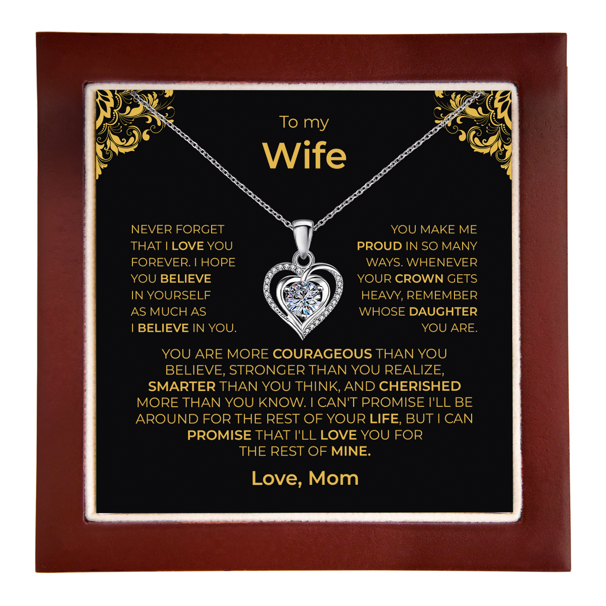 Daughter from Mom gift: Lumen Heart Necklace — White · Luxury Wooden LED Box (product view)