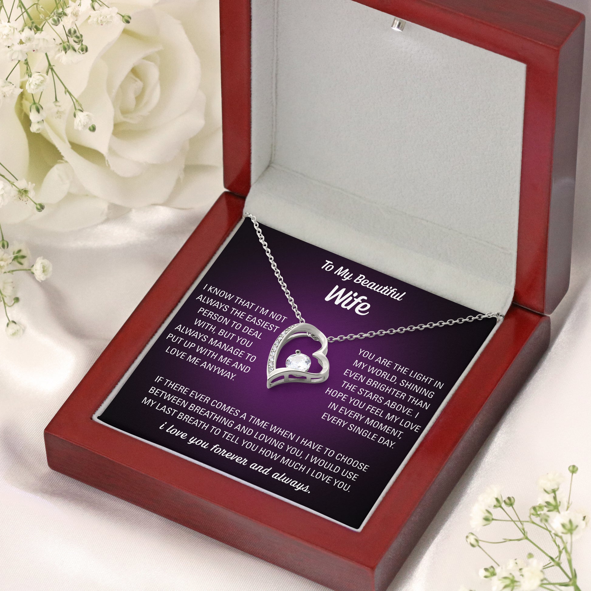 Personalized message card sample inside wife necklace gift box