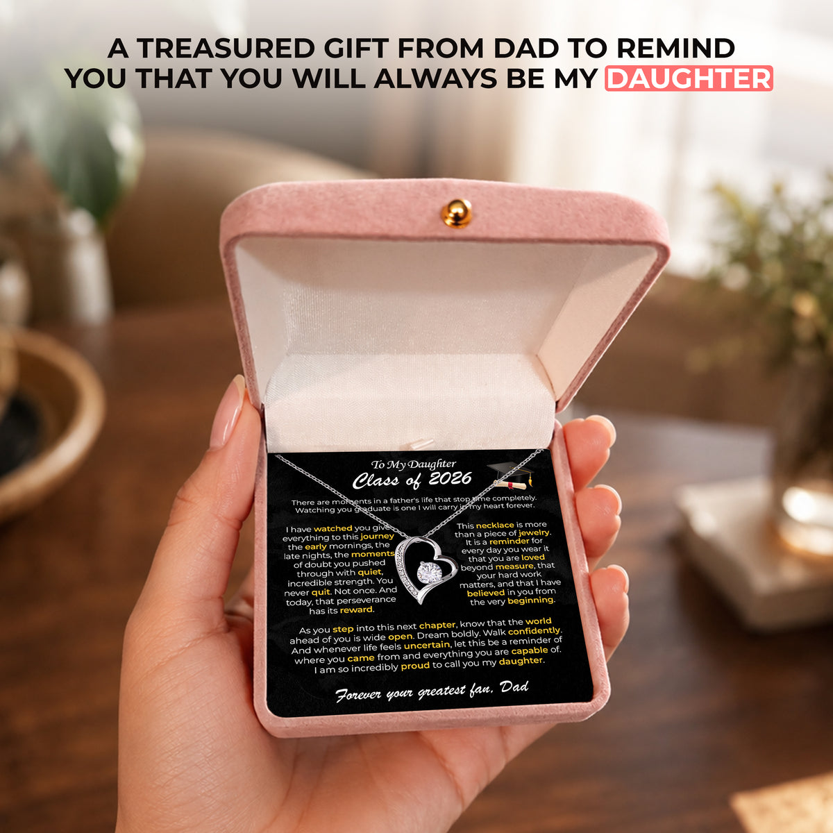 Daughter graduation necklace set: silver heart necklace, message card, gift box, gift bag and cleaning cloth