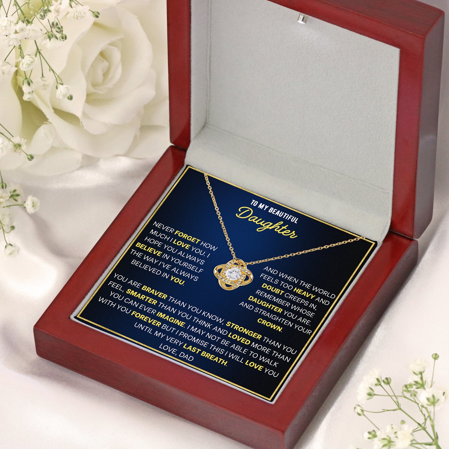 Necklace for daughter from Dad arriving in a ready-to-gift box with printed message card