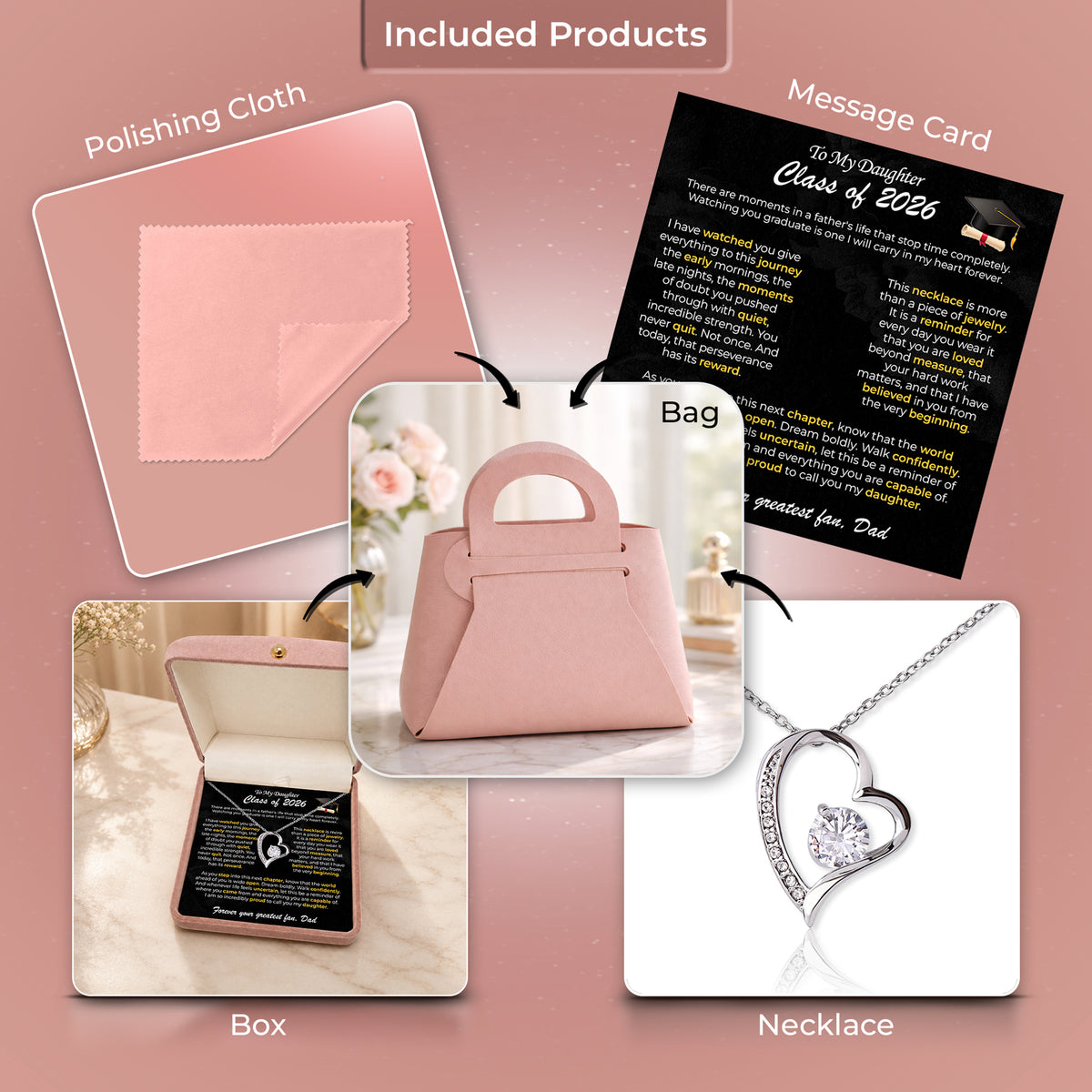 Gold heart pendant on a To My Daughter graduation card in a wooden box, in front of a pink bag with a scarf bow