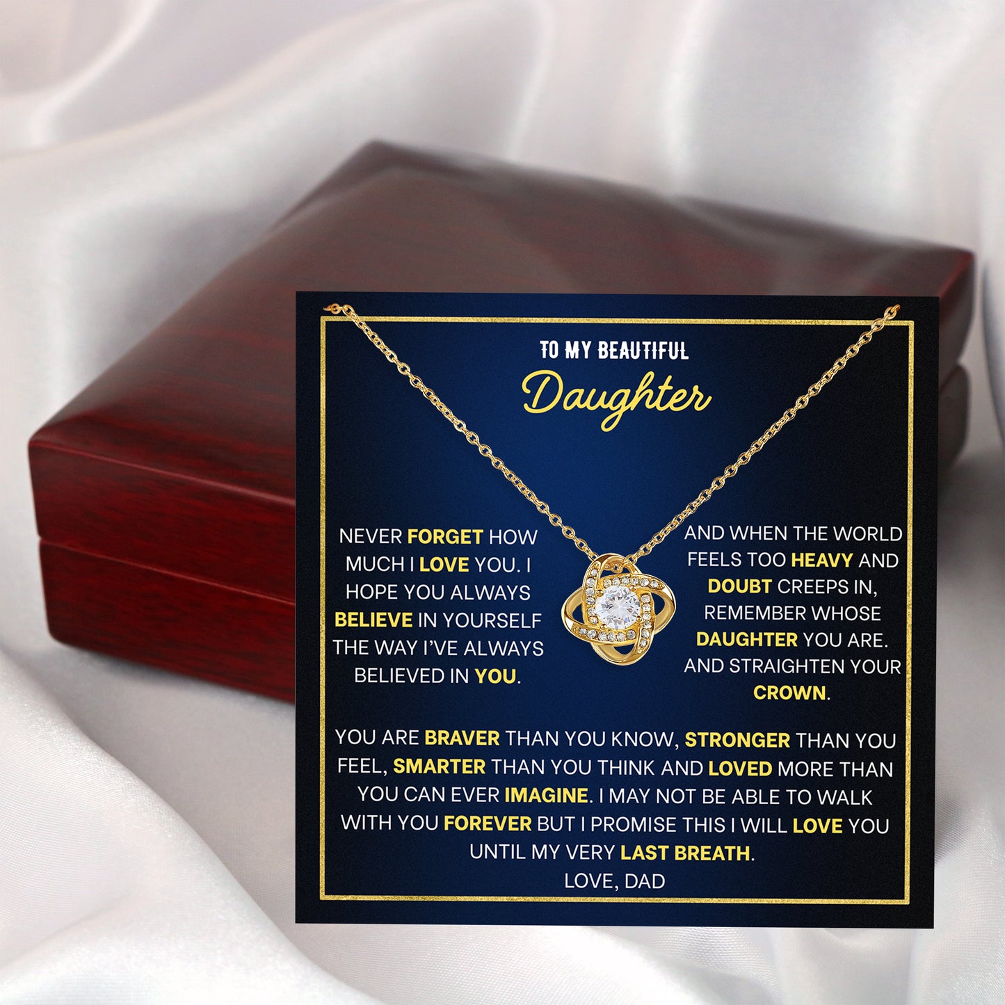 Stainless steel daughter necklace with cubic zirconia pendant and heartfelt message card