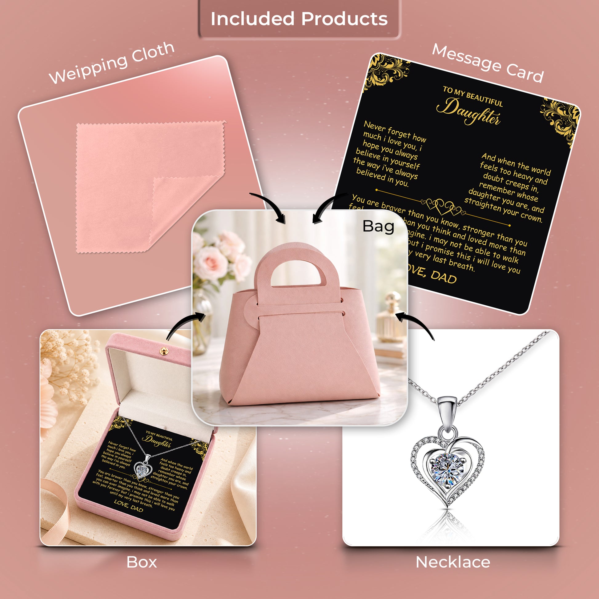 Silver heart pendant necklace for daughter in pink velvet gift box with personalized message card