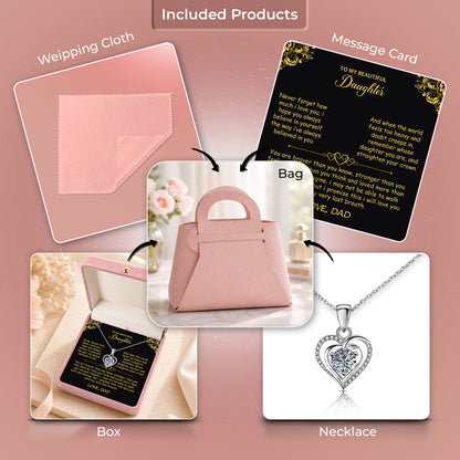 Silver heart pendant necklace for daughter in pink velvet gift box with personalized message card