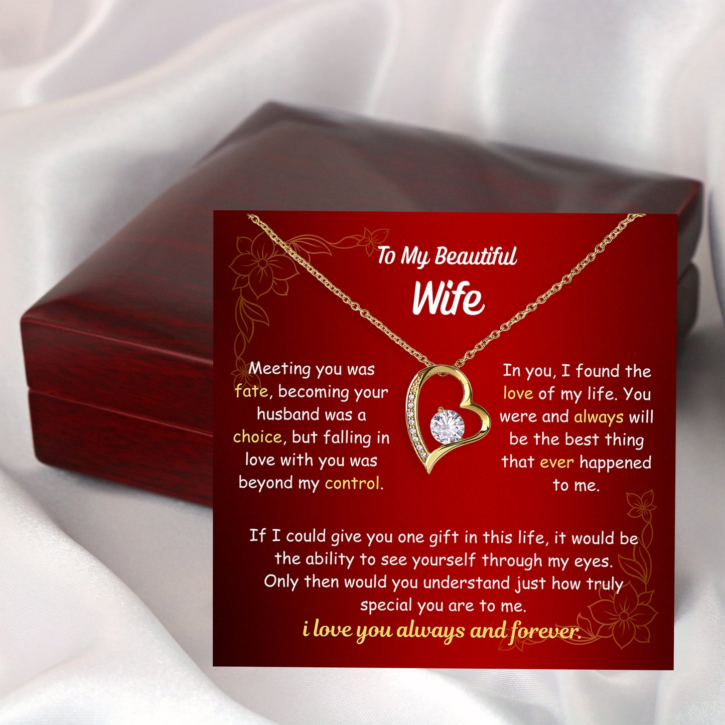 Close-up of personalized message card included with wife heart necklace