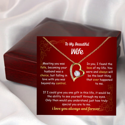 Close-up of personalized message card included with wife heart necklace