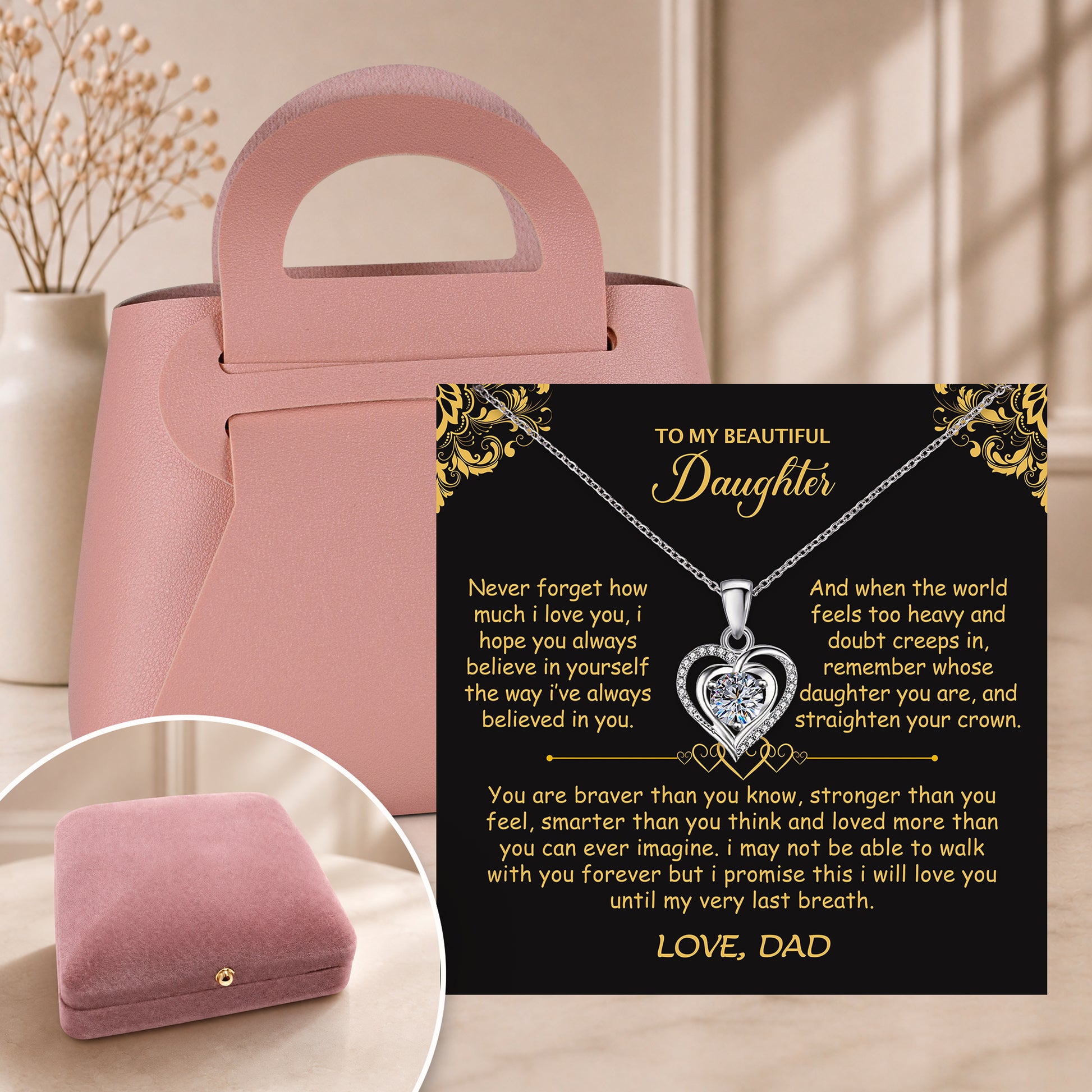 Daughter necklace gift box open beside personalized message card from Dad