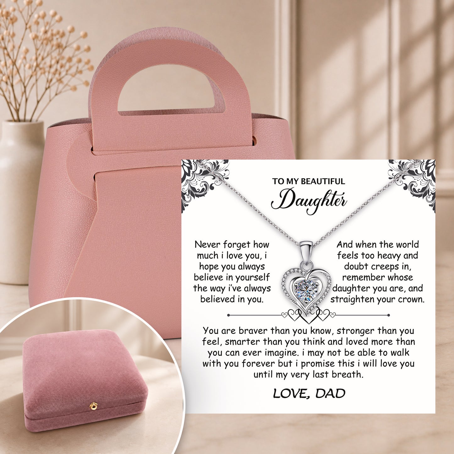 To My Daughter Heart Necklace - Personalized Message Card