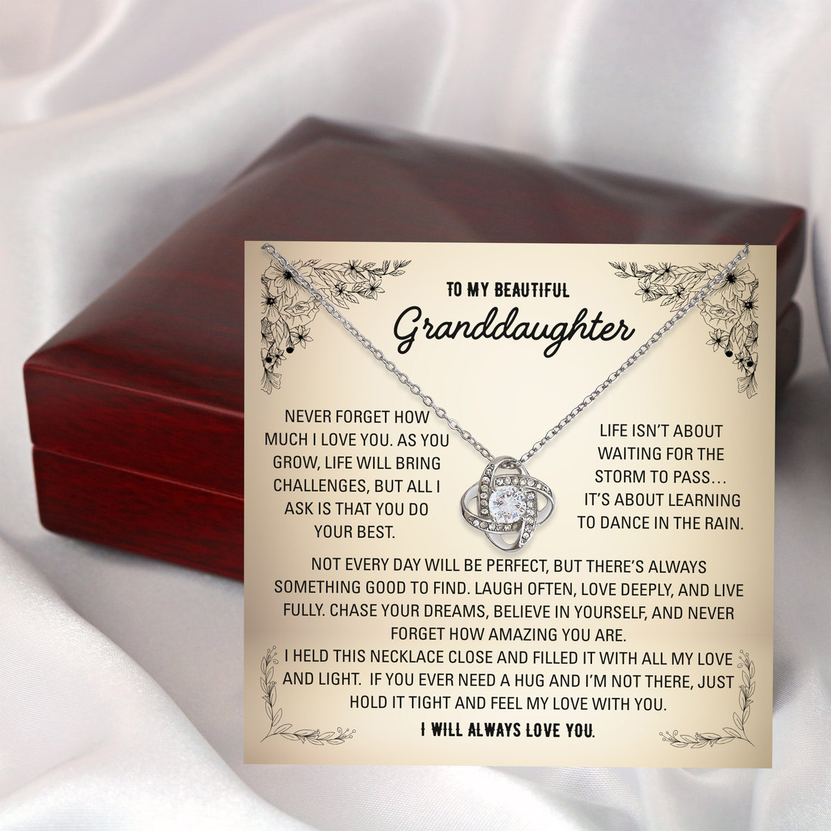 Close-up of the To My Beautiful Granddaughter message card with the love knot cubic zirconia necklace

